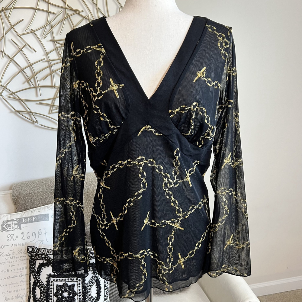 Y2K‎ Top Womens Large Black Chain Link Mesh Sheer Tunic V Neck Edgy Luxe Chic